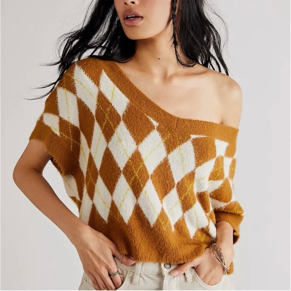 NWT Free People Through the Motions Short Sleeve Argyle Sweater Vest, S